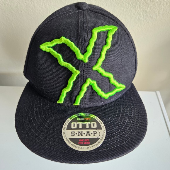 Black Snapback Otto Cap Neon Green "X" Logo Baseball Hat Mens - Picture 1 of 9